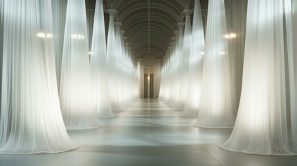 Ethereal Hallway Draped in Sheer White Curtains Illuminated by Soft Light Leading to Infinity