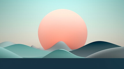 Minimalist surrealistic abstract landscape background. Sun, waves and dunes. Bright colors