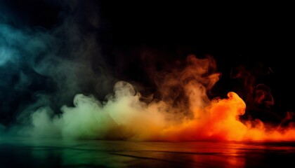 colorful smoke on floor black background misty fog effect texture overlays for text or space