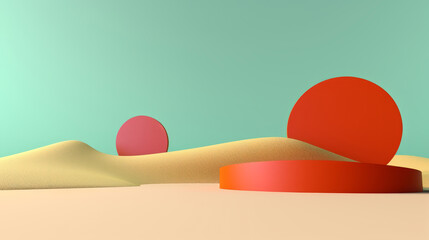 Minimalist surrealistic abstract landscape background. Sun, waves and dunes. Bright colors