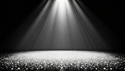 twinkling glitter falling on a flat surface lit by a bright spotlight elegant black and white stage background - obrazy, fototapety, plakaty