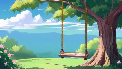 generative ai anime style background a swing on a tree