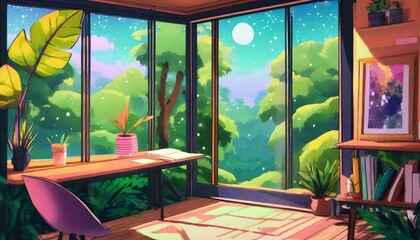 lofi empty interior messy desk window view of a forest jungle anime manga style colorful study lo fi desk cozy chill vibe hip hop atmoshperic lighs stars 4k wallpaper