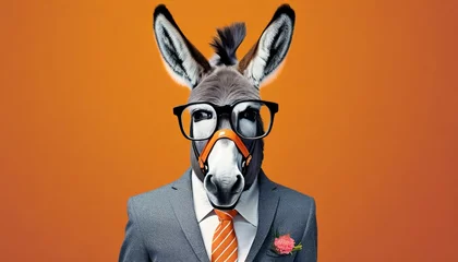 Fotobehang stylish portrait of dressed up imposing anthropomorphic donkey wearing glasses and suit on vibrant orange background with copy space funny pop art illustration © Emanuel