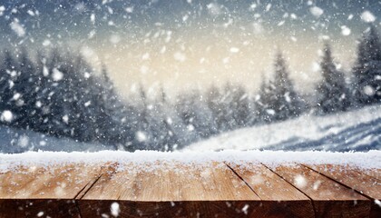 wooden table with snow texture background for christmas and winter holidays