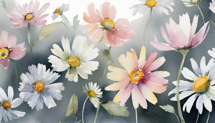 a collection of soft watercolor daisies flowers on a background generative ai