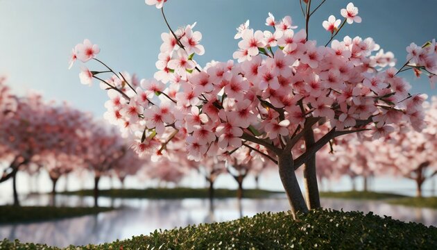 cherry trees on background and selective focus close up 3d render