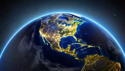 Fotobehang Noord-Europa planet earth at night seen from space showing north america south america europe africa asia and the middle east connected in a global network technology and global community concept