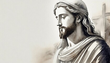 sketch of jesus christ on white background with copy space