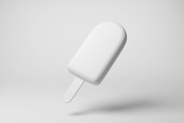 White ice lolly floating in mid air on white background in monochrome and minimalism. Illustration of the concept of  frozen dessert