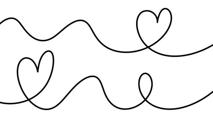 Tangled hearts are drawn with thin material. Isolated on a white background. Greeting illustration for Valentine's Day. Motion line drawn for Valentine's Day. Solid or continuous line - obrazy, fototapety, plakaty