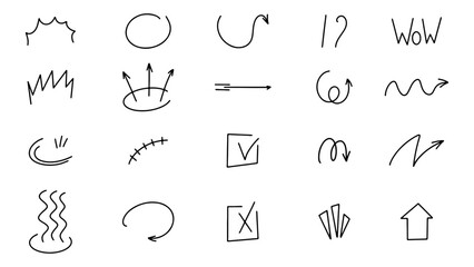 Doodle set isolated vector arrows, hand drawn on a white background. background, texture. Sketch underline, emphasis, arrow shape set. Vector illustration.