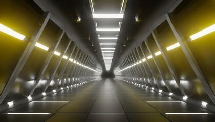 futuristic architecture background empty geometric interior with glowing lamps in dark tunnel 3d render