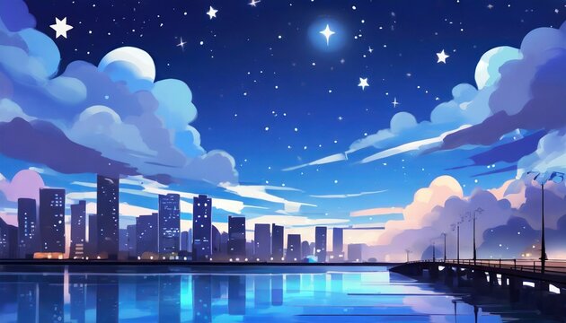 Fototapeta cityscape with the night sky showing blue clouds and stars in the style of anime romantic riverscapes hd wallpaper background 8k 4k