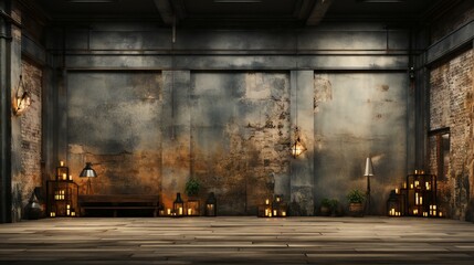 Warm Vintage Lamps Illuminate an Industrial Chic Space with Rustic Textures - obrazy, fototapety, plakaty