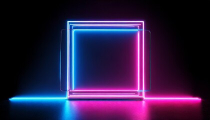 square rectangle picture frame with two tone neon color motion graphic on black background blue and...