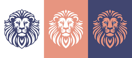 Lion head vector line art illustration isolated on dark and white background. Lion face and mane business logo design template.