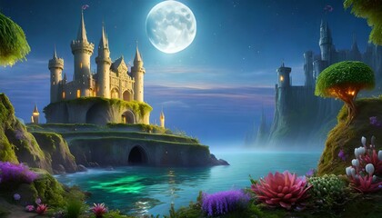 fantasy landscape with fantasy castle and moon 3d illustration a thriving hidden oceanic civilization with enchanting architecture bioluminescent plants and mysterious inhabitants ai generated - obrazy, fototapety, plakaty