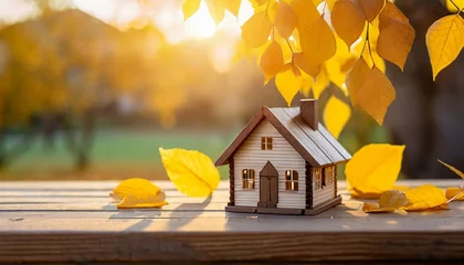 Tuinposter miniature wooden house with yellow leaves on a sunny autumn day real estate and affordable housing concept mortgage loan and insurance of apartments selling and buying home sunset © Emanuel