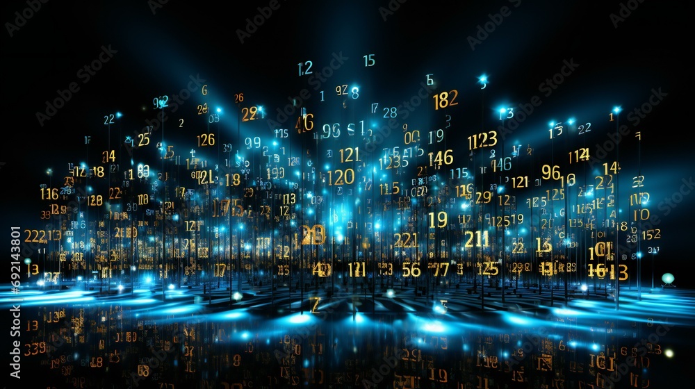 Poster digital data stream in cyberspace with glowing numbers and light beams in dark background