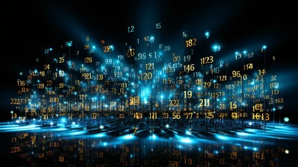 Digital Data Stream in Cyberspace with Glowing Numbers and Light Beams in Dark Background