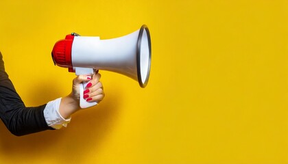 megaphone in hand on a yellow background panoramic image attention concept announcement - obrazy, fototapety, plakaty