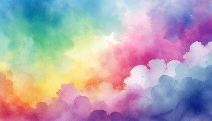 Obraz na płótnie Canvas colorful watercolor background of abstract sunset sky with puffy clouds in bright rainbow colors of pink green blue yellow and purple