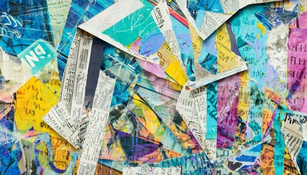 abstract backdrop with collage of newspaper or magazine clippings colorful grunge background with graffiti