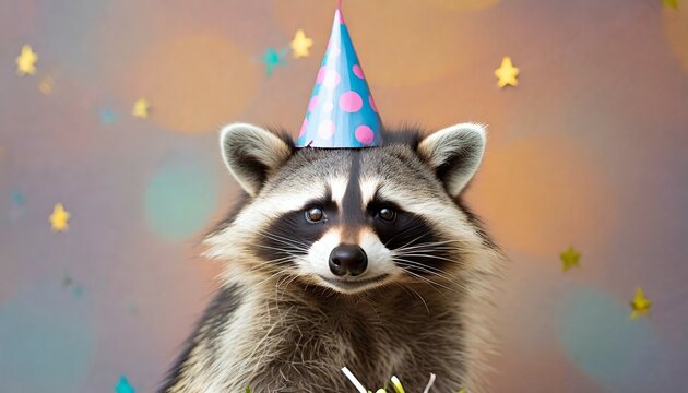 Cute Racoon With Birthday Party Hat On Pastel Background