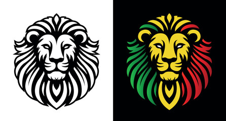 Lion of Judah face eps 10 vector art image illustration. Rasta Jamaican lion head front view with rastafarian reggae colors on white and dark background. © Artoholics