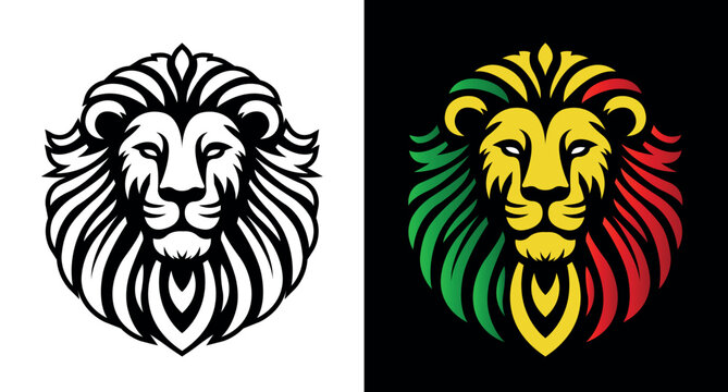 Lion of Judah face eps 10 vector art image illustration. Rasta Jamaican lion head front view with rastafarian reggae colors on white and dark background.