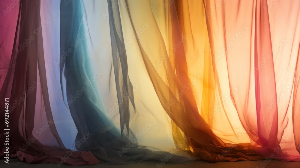 Poster a colorful curtain hanging on a wall in a room, with the floor visible at the bottom the curtain is 