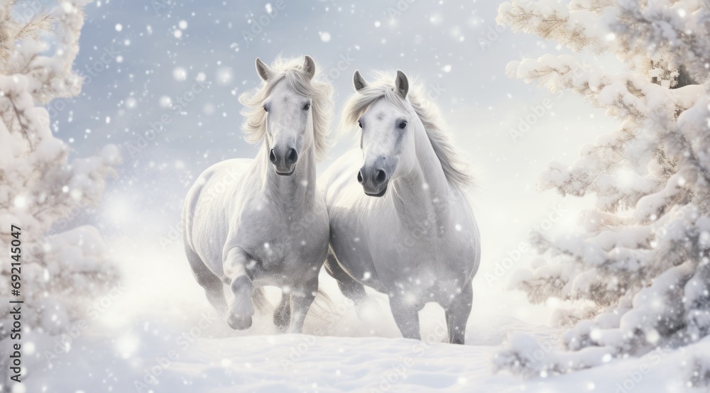 Poster two white horses running through the snow in a winter scene with snow falling on the trees and snow 