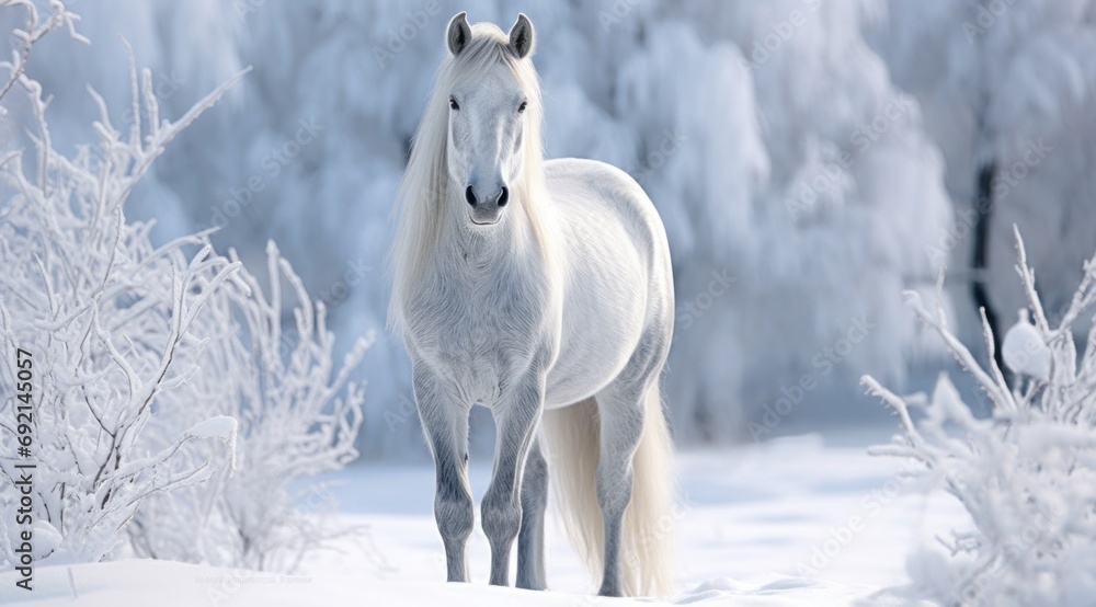 Poster a white horse standing in the middle of a snow covered field with trees in the background and a dust