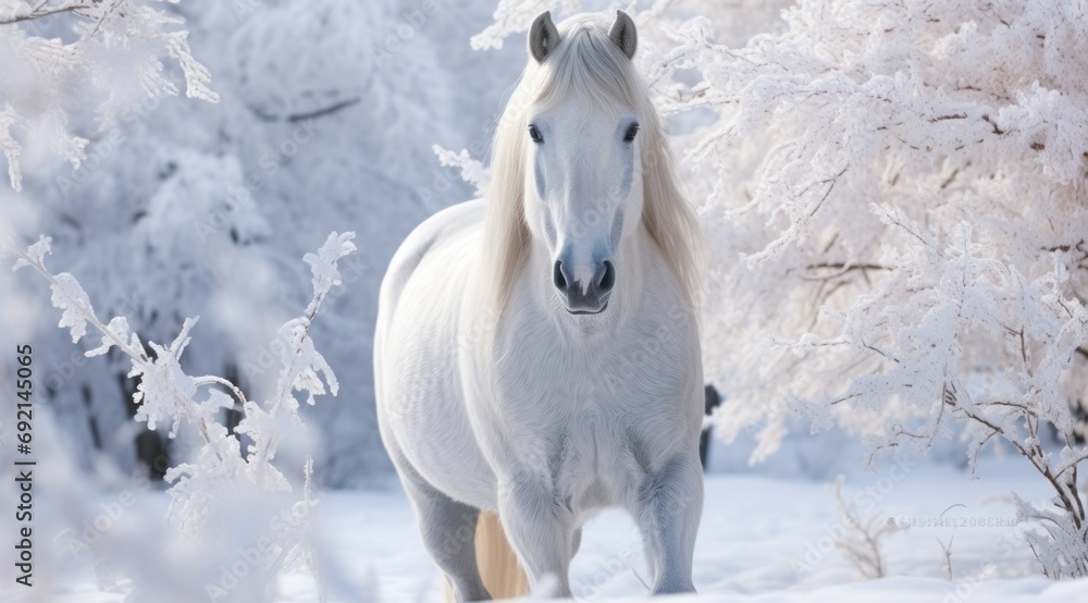 Poster a white horse standing in the snow in front of a tree with snow on the branches and snow on the grou