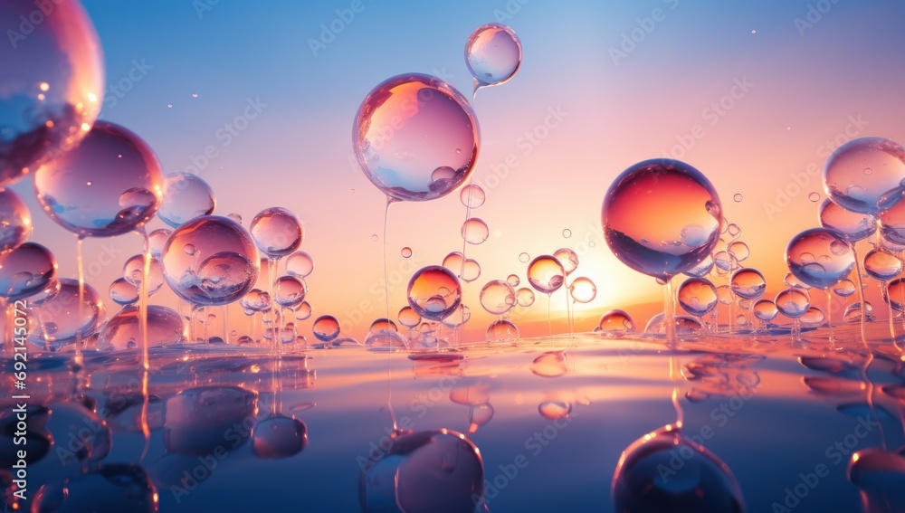 Poster a group of bubbles floating on top of a body of water with the sun setting in the distance behind th
