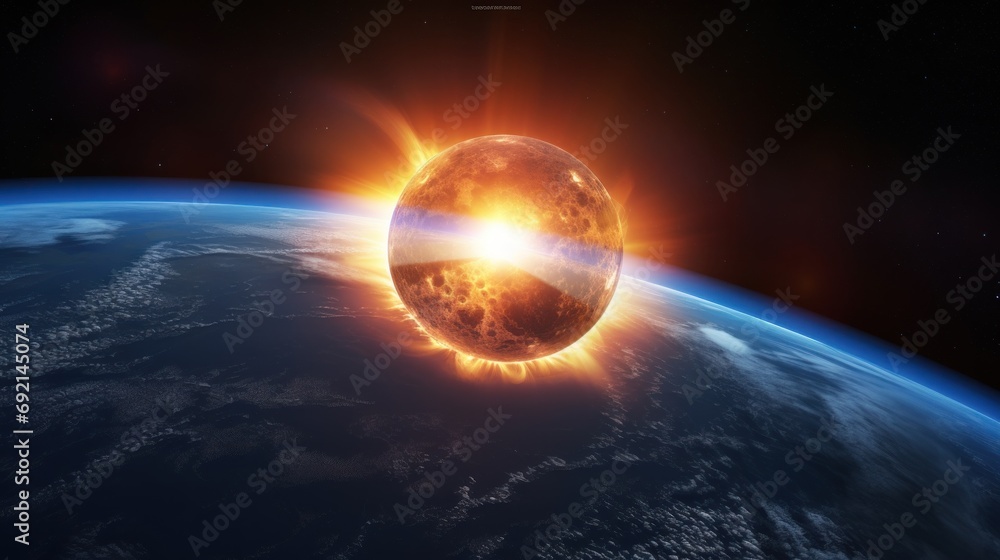 Poster an artist's rendering of a sun - like object in the middle of the earth's atmosphere is shown in thi