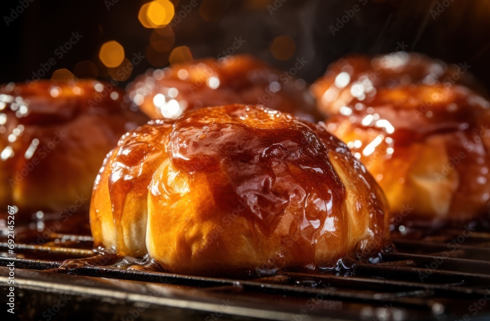Poster a close up of a bunch of doughnuts on a rack with a lot of glaze on it.