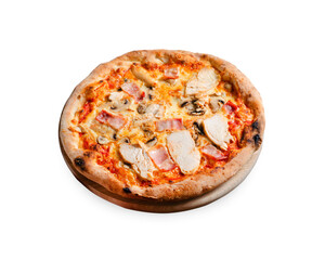 Chicken, Bacon, Mushroom Pizza on a Wooden Board over White Background, Stone Baked Pizza