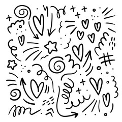 Abstract set of elements from squiggles, hearts, arrows in doodle style, hand drawn