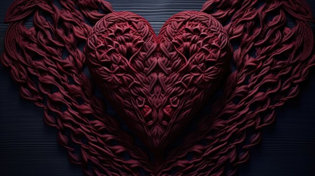 A heart shaped sculpture made of red vines and leaves, AI