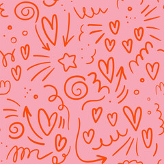 Seamless pattern of hearts and squiggles for Valentine's Day, hand drawn