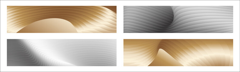 Wavy silver and gold parallel gradient lines, ribbons, silk. Set of 4 backgrounds. Black and white with shades of gray or golden silk. Banner, poster. eps vector