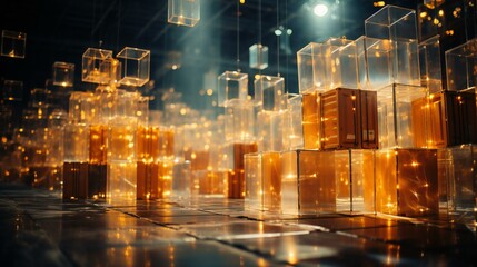 Ethereal Warehouse Space Filled with Glowing Golden Cubes Hovering in a Mystical Arrangement
