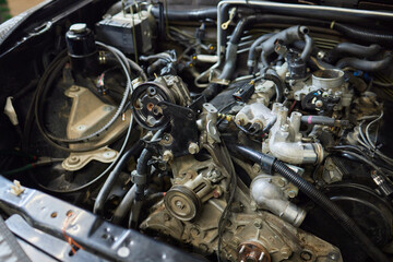 Engine valve car maintenance. The cylinder block of the four-cylinder engine. Disassembled motor...