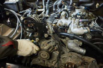 Engine valve car maintenance. The cylinder block of the four-cylinder engine. Disassembled motor...