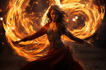 Fire dancers twirling flaming poi in a mesmerizing display, evoking a sense of danger and artistry....