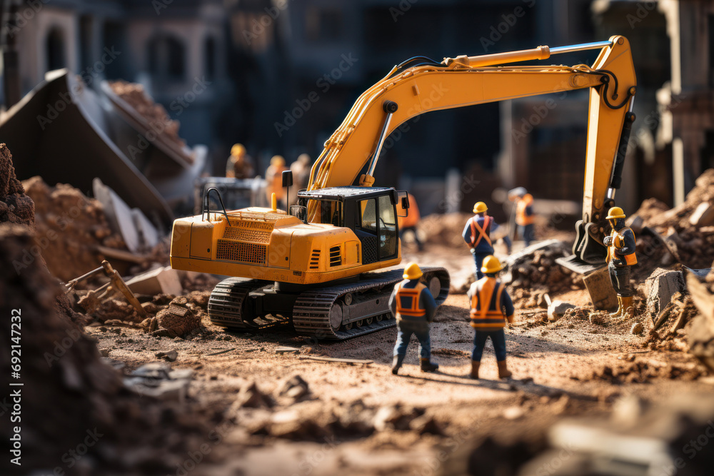 Poster a construction site with workers operating heavy machinery, illustrating the action and progress in 