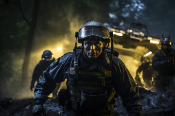 Naklejka premium Emergency responders conducting a high-stakes rescue operation, emphasizing bravery and quick decision-making. Generative Ai.