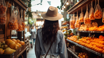 
Fair-skinned young woman holds orange standing with her back to camera in fruit street shop. Brunette wears hat, blouse, pants and string bag. Concept shopping - obrazy, fototapety, plakaty
